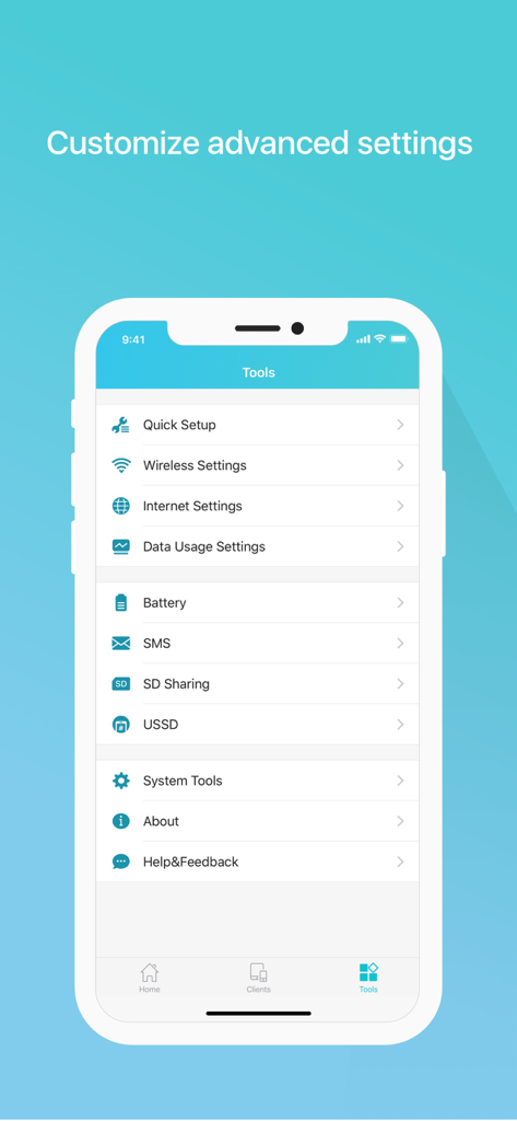 Smartphone screen displaying the tpMiFi app tools menu with options for wireless settings and data management.