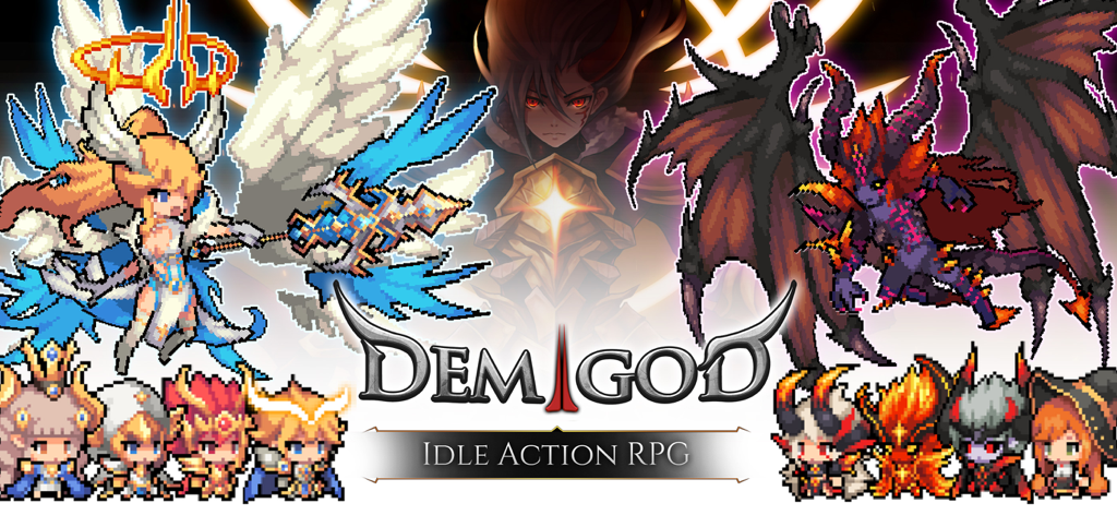 Demigod Idle: Rise of a legend - Demigod Idle Action RPG banner featuring angelic and demonic character forms with pixel art heroes