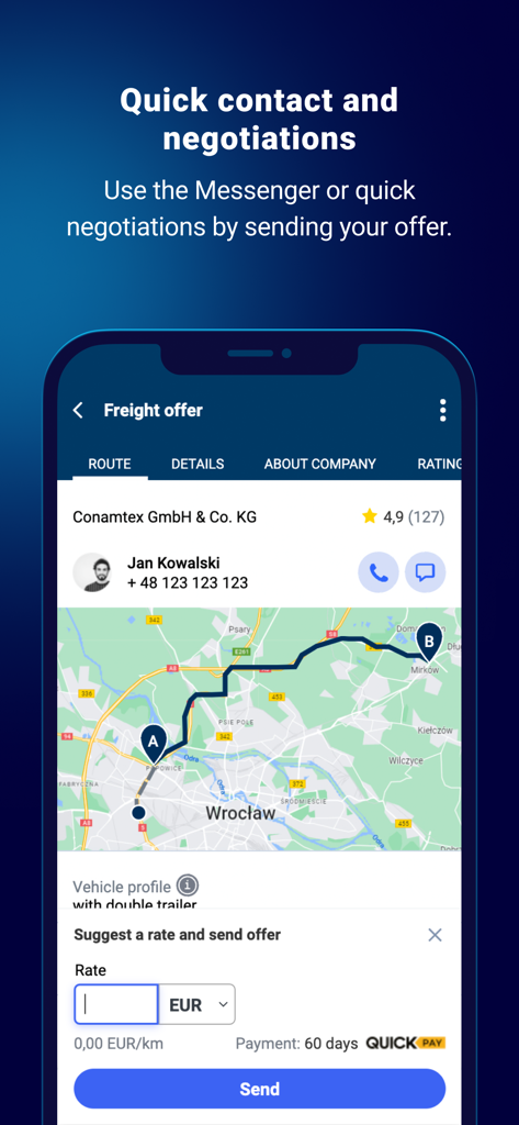 Loads2GO - Loads2GO app interface showing a freight offer with a route map and an option to suggest a rate and send an offer.