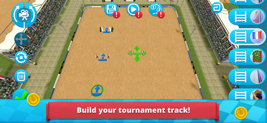 Top down view of the tournament track builder interface in Horse World Show Jumping