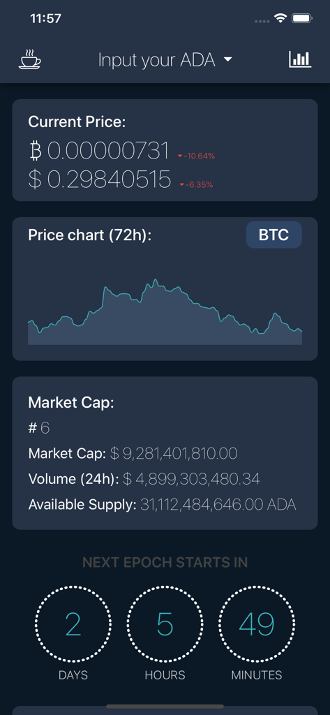 Tool for ADA - Interface of Tool for ADA app displaying Cardano price, 72-hour price chart, market cap statistics, and an epoch countdown timer.