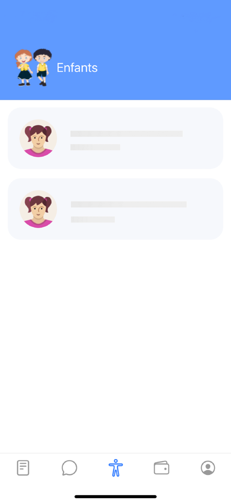 Pantalla de la aplicación móvil Ecoles SFM que muestra una lista de niños para que los padres los monitoreen