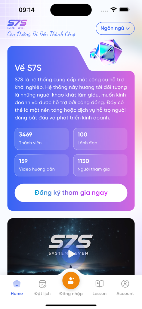 S7S System Seven - Home screen of the S7S System Seven mobile app featuring business growth statistics and navigation menu.