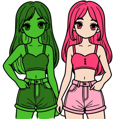two sisters with crop tops and jean shorts and straight hair