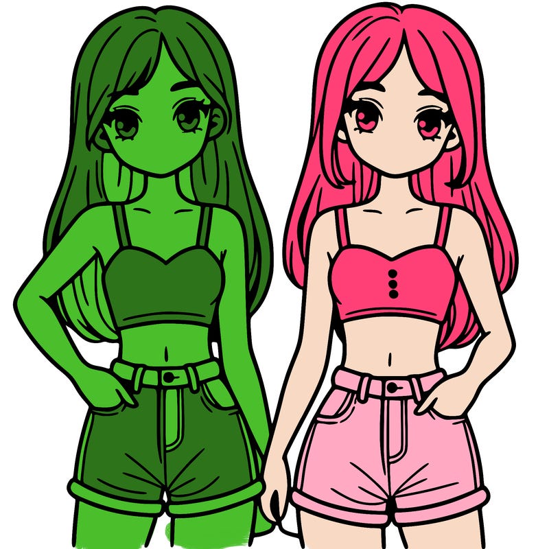 two sisters with crop tops and jean shorts and straight hair