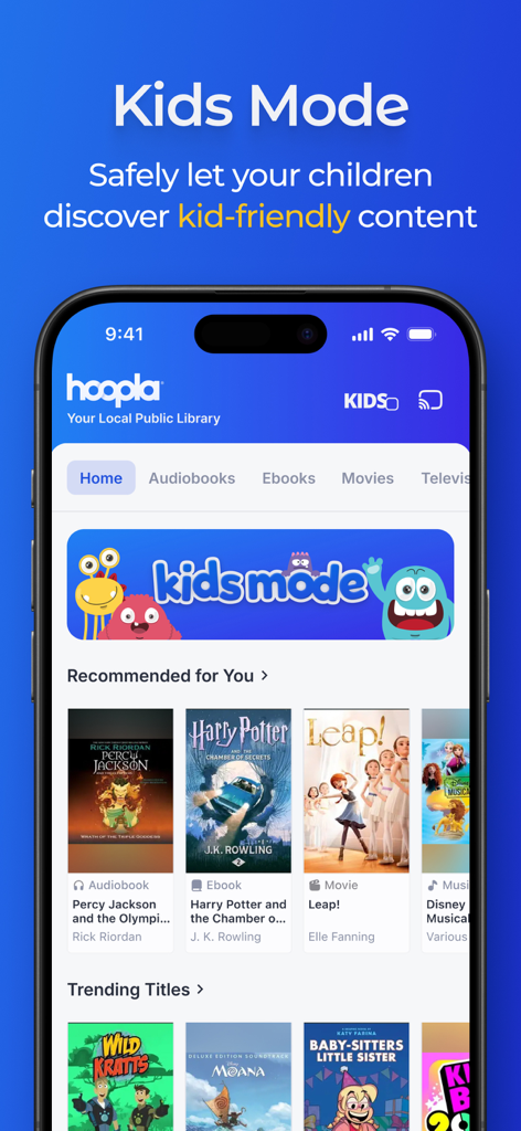 Interface de l'application Hoopla Digital affichant le mode enfant sécurisé avec du contenu adapté aux enfants