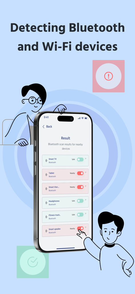 Detector Device Detection-Anti - Pantalla de teléfono inteligente que muestra una lista de dispositivos Bluetooth y Wi-Fi detectados con estado de seguridad