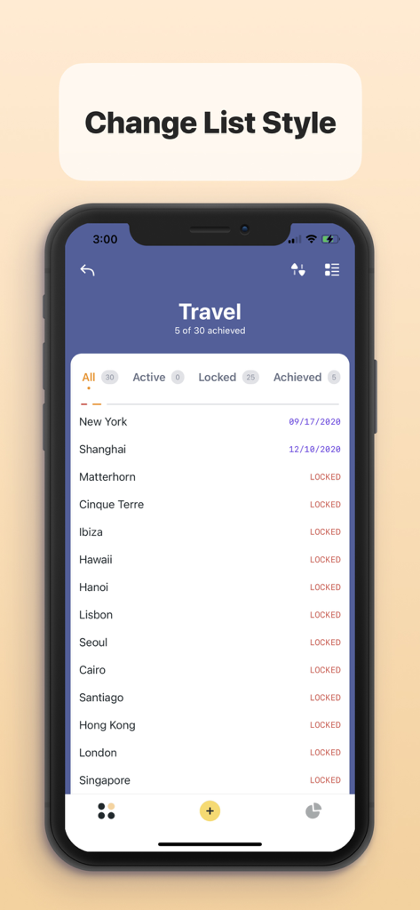 A travel bucket list in the Bucket app showing achieved cities and locked goals.