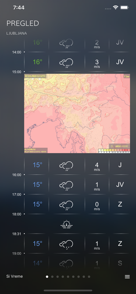 Hourly weather forecast for Ljubljana in the SiVreme app featuring temperature wind and Aladin model map