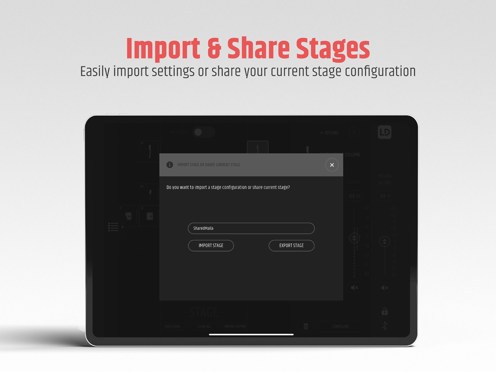 MAILA - Interfaz de la aplicación MAILA en un iPad para importar y compartir configuraciones de escenario