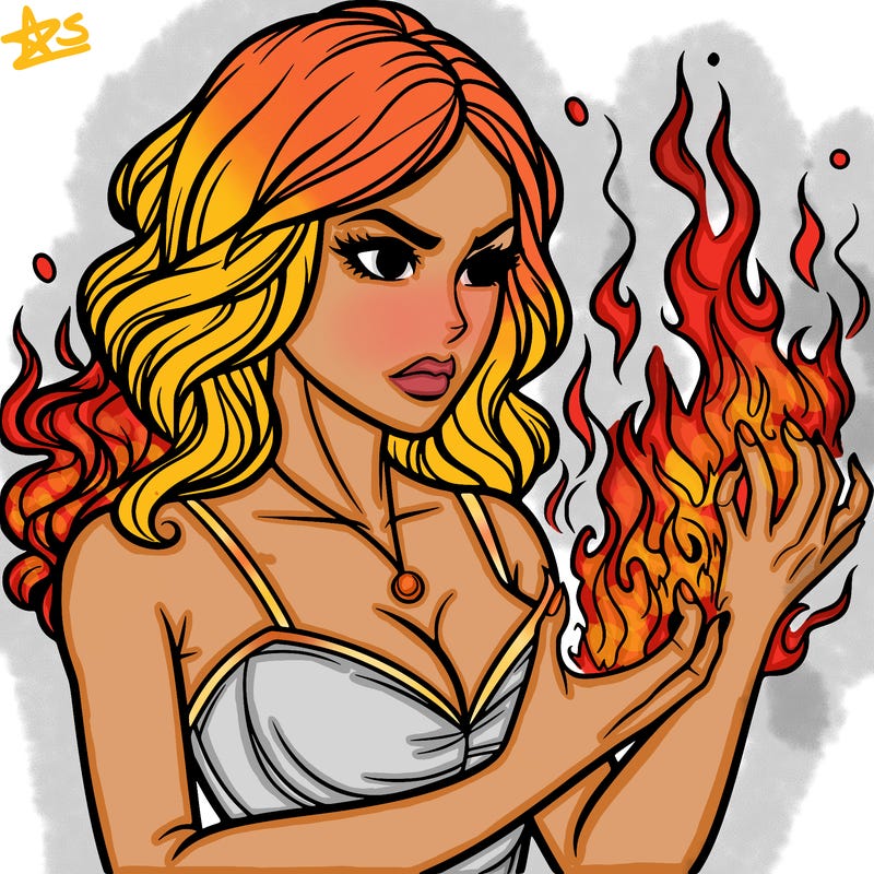 a realistic woman having the power of fire