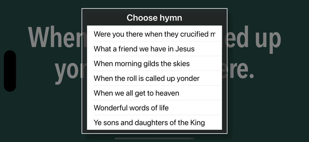 Hymns - A menu screen in the Hymns app showing a list of available songs including What a friend we have in Jesus.
