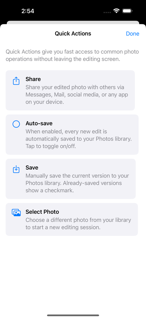 AI Photo Editing - Quick Actions menu screen with share and save options