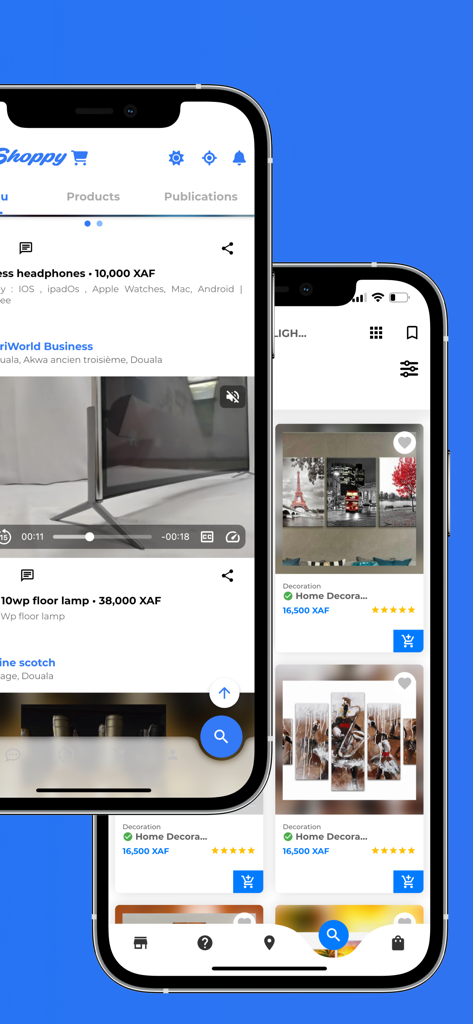 ShoppyMS: Shop Near You - Interfaz de la aplicación ShoppyMS mostrando listados de productos locales y funciones de compra en dos teléfonos inteligentes.