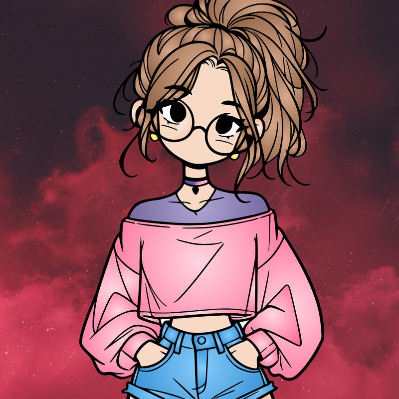 girl with a messy ponytail glasses a baggy crop top and jean shorts