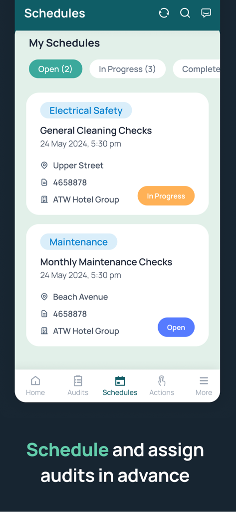 Interface of GoAudits app showing scheduled audits for safety and maintenance with status labels