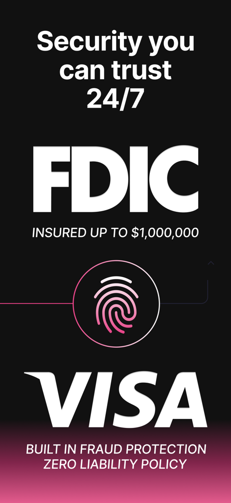 Step: Borrow & Build Credit - Step 모바일 앱 화면에 FDIC 보험 최대 100만 달러 및 Visa 사기 방지를 통한 연중무휴 보안 표시