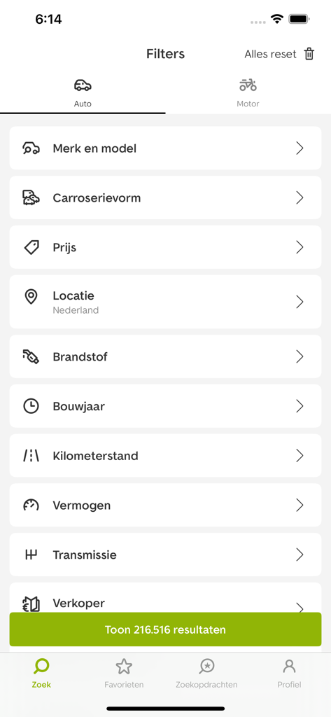 Search filters interface in the AutoTrader app showing options for car make, model, price, and mileage.