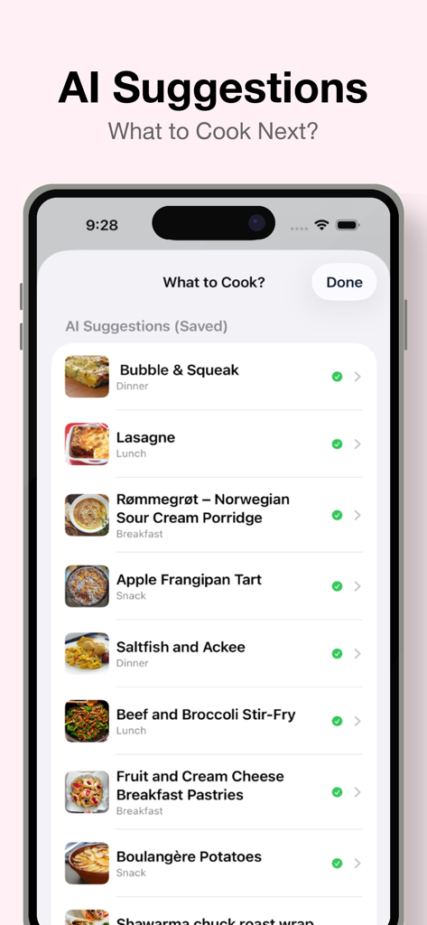 Lista de sugestões de refeições geradas por IA na interface do aplicativo Planejador de Compras e Refeições, mostrando várias opções de receitas