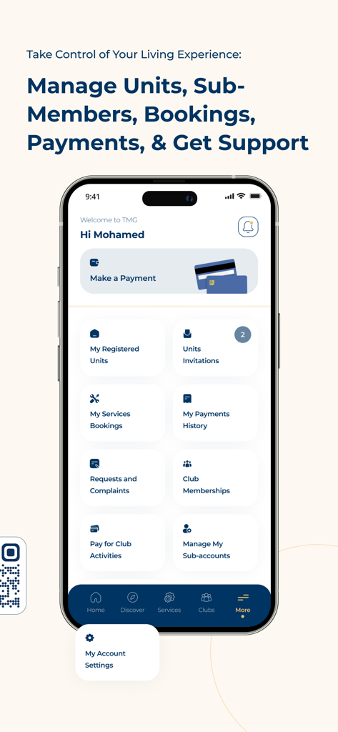 TMG Life - Panel de la aplicación TMG Life que muestra funciones de administración de propiedades, incluidos pagos, unidades y membresías de clubes