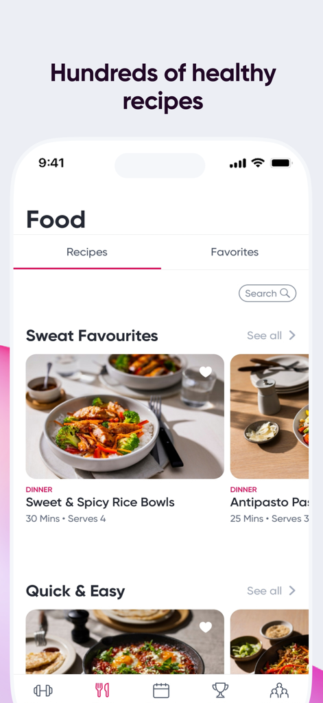 Mobile screen of the Sweat app showing healthy food recipes including rice bowls and quick meal options