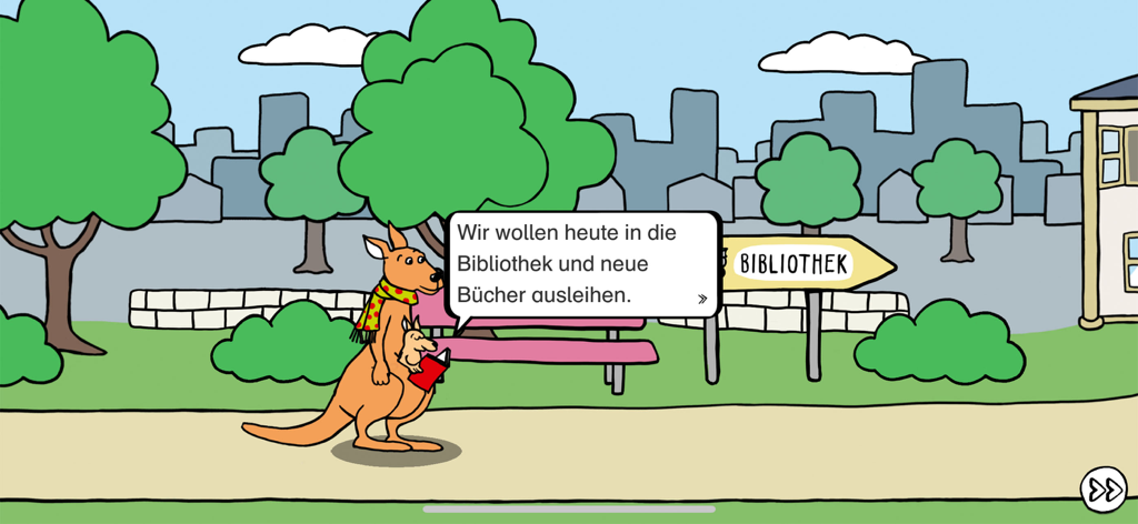 Lesestart zum Lesenlernen - Cartoon kangaroo character holding a book next to a library sign in a park