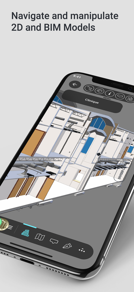 Kairnial - Application mobile Kairnial montrant un modèle BIM 3D d'un bâtiment pour la gestion de projet de construction