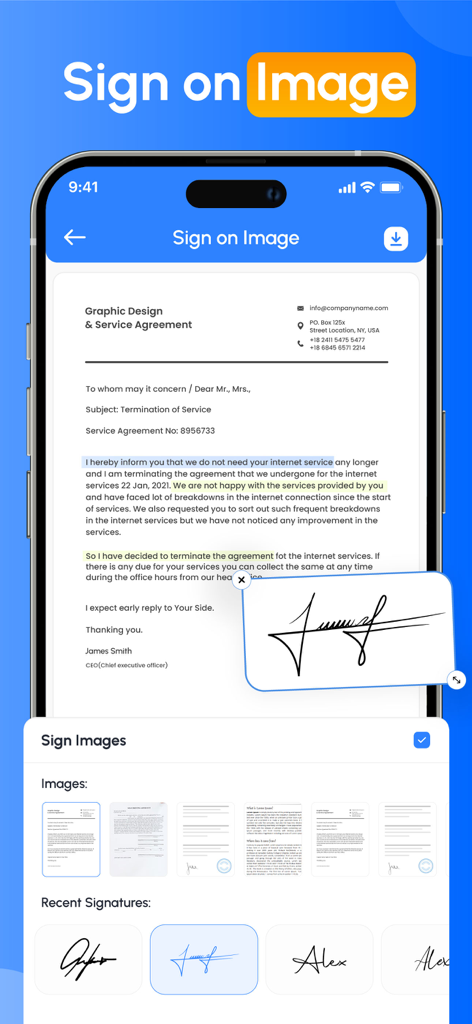 A smartphone interface displaying a professional service agreement with a digital handwritten signature applied to the document