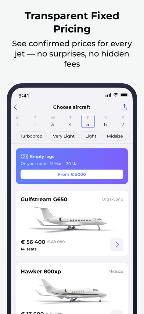 Mirai Flights app interface showing transparent fixed pricing for private jet charters and empty leg deals