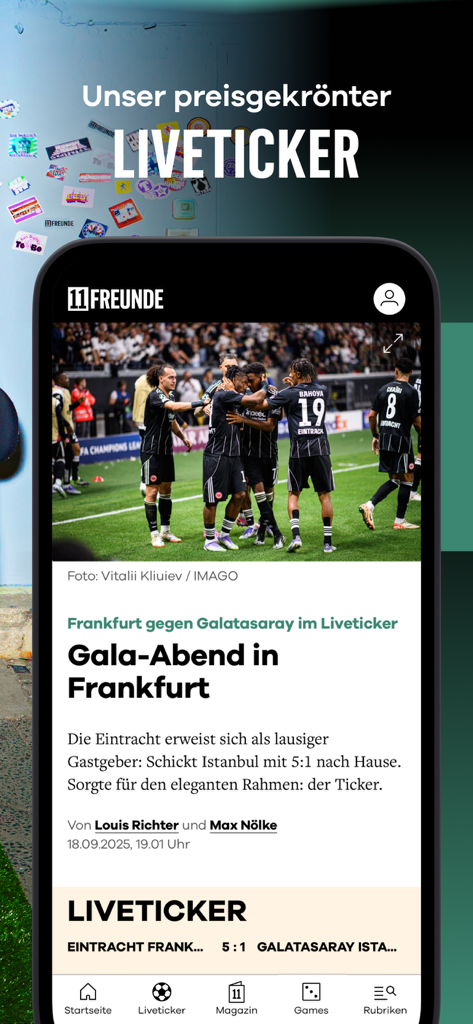 11FREUNDE app interface featuring an award-winning soccer liveticker and a news article about a Frankfurt match.