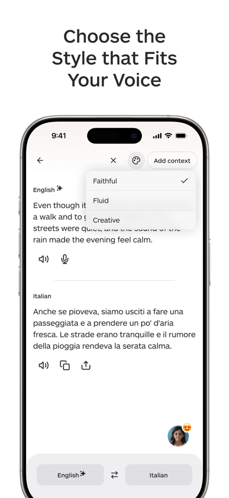 Lara Translate app interface on iPhone showing the translation style options for Faithful Fluid and Creative