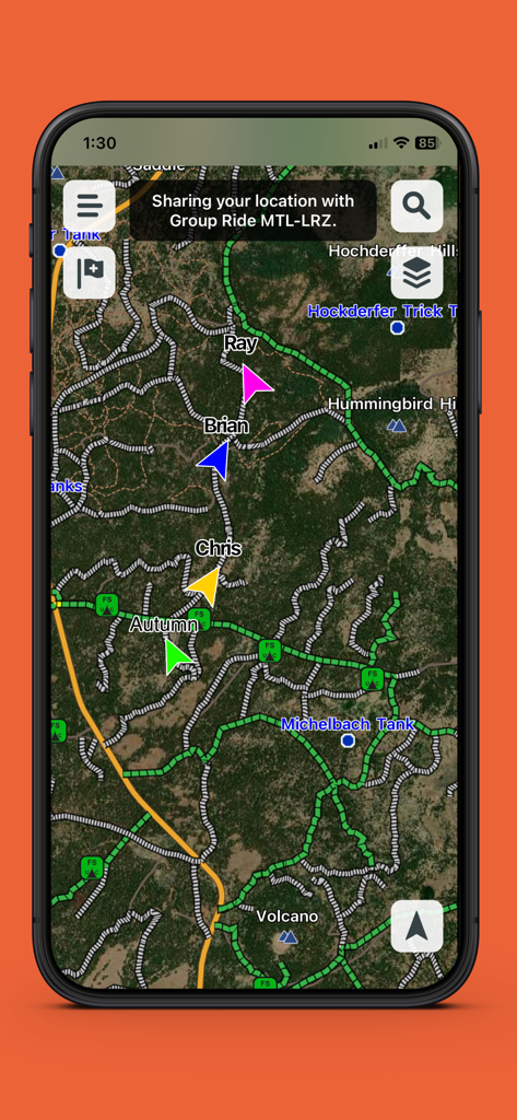 Interface of the Garmin Tread app showing group ride location tracking for friends on an off-road trail map