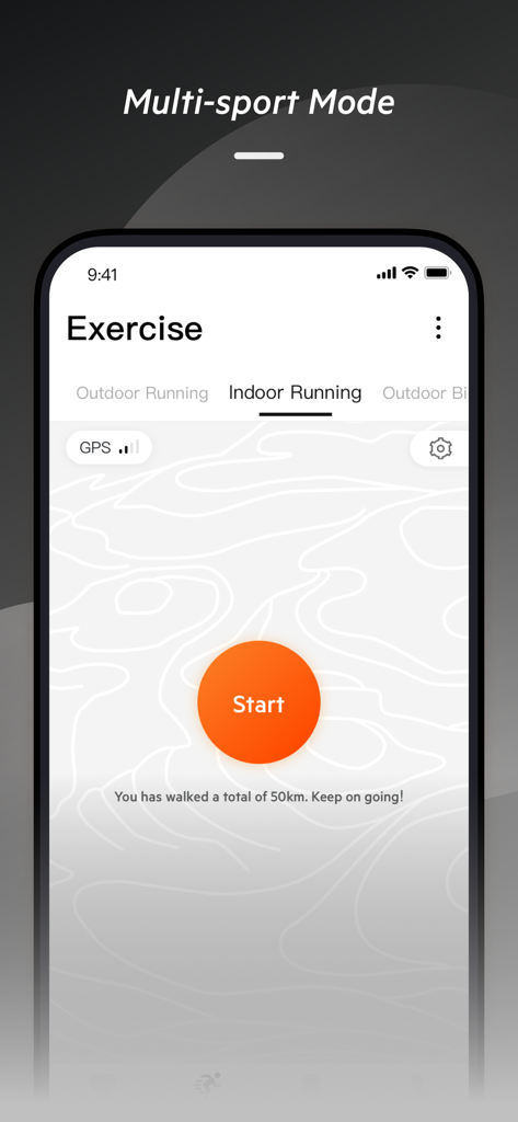 TOZO FIT - TOZO FIT app exercise interface showing indoor running selection and a large orange start button