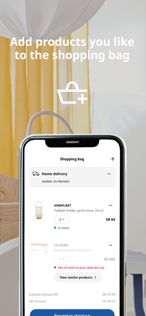 Die Einkaufsbeutel-Oberfläche der IKEA Saudi-Arabien App zeigt Produkte an, die zur Lieferung nach Hause ausgewählt wurden