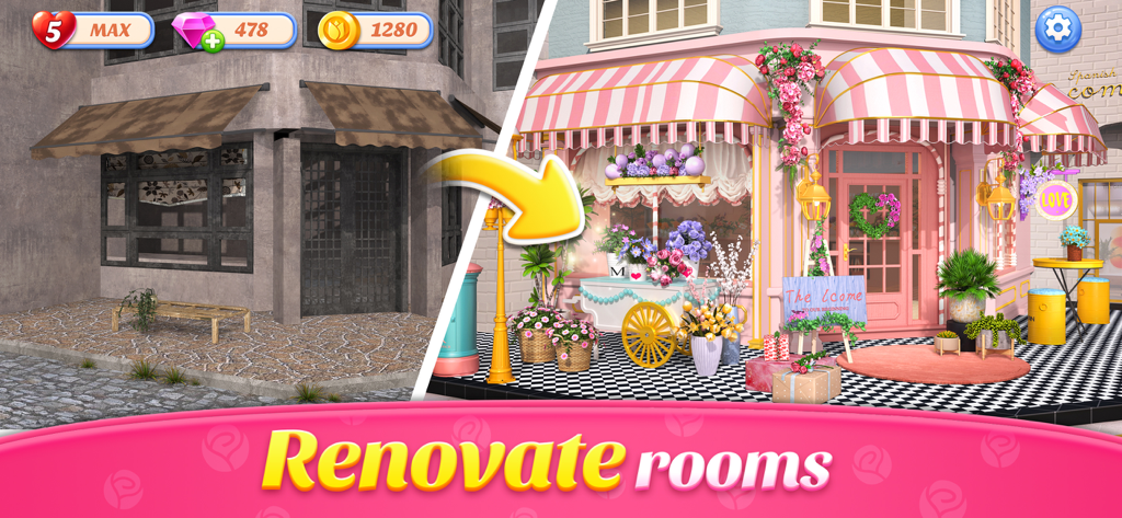 Flower Shop Makeover - A before and after comparison showing a drab building transformed into a vibrant pink flower shop decorated with exotic plants