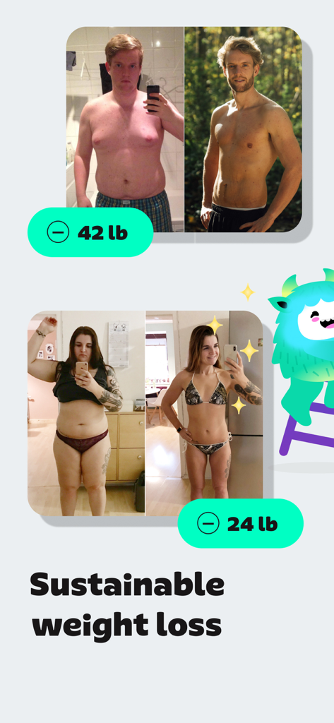 AI Calorie Tracker by Yazio - 持続的な減量結果を示す男性と女性のビフォーアフターの変身写真。