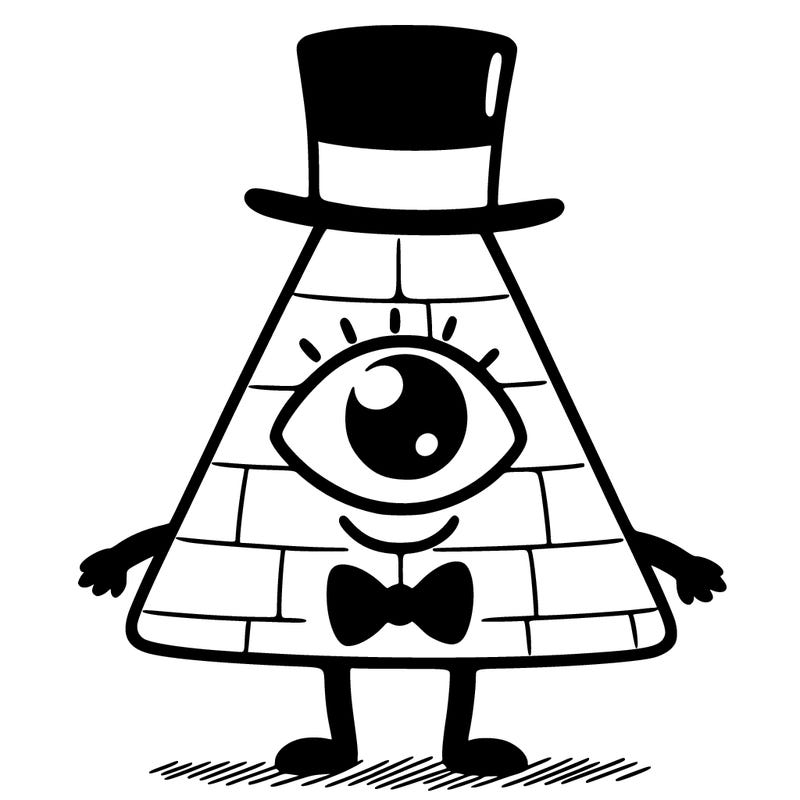 a small pyramid with one eye, black arms and legs, a black hat, and a bow tie.