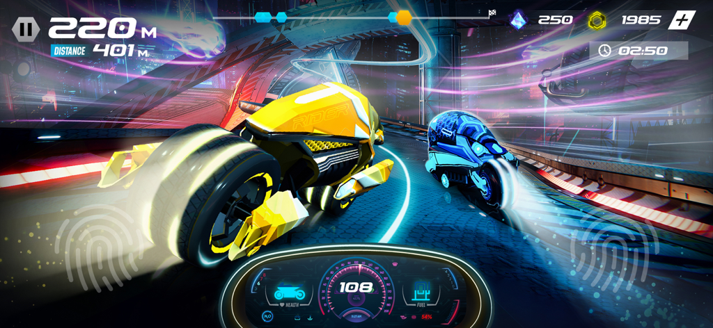 Neon Rider - Xtreme,Stunt,Race - Two neon-glowing futuristic bikes racing on a night track in a cyberpunk city with a digital dashboard in the foreground.