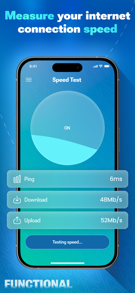 Kepttor app interface showing internet speed test results including ping download and upload speeds