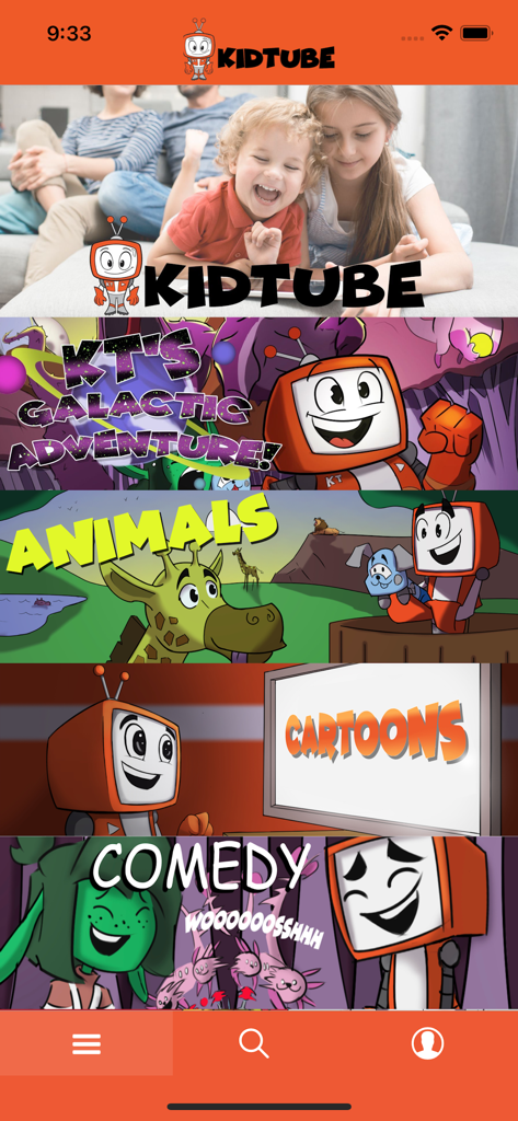 KidTube - KidTube app home screen displaying safe video categories for children