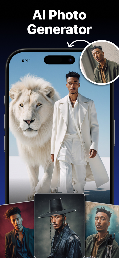 Tenada AI Photo Graphic Design - Tenada AI Photo Generatorが、ライオンとプロフェッショナルなポートレートを持つランウェイモデルのような多様なクリエイティブスタイルにセルフィーを変換している様子。