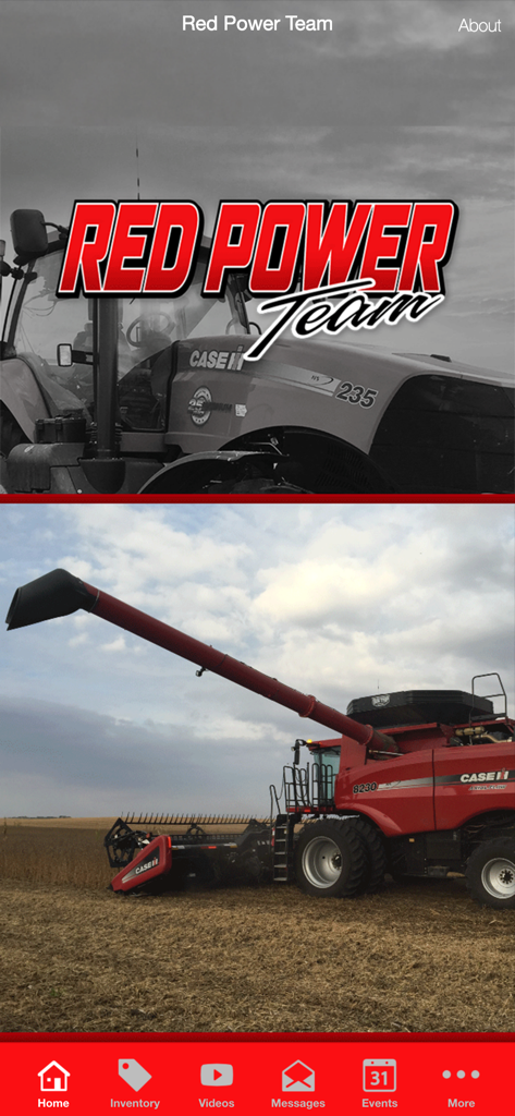 Red Power Team mobile app home screen showing Case IH farm machinery and navigation icons