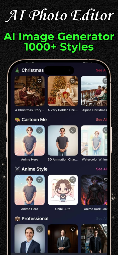 Pict: AI Photo Editor & Filter - Mobile app interface showing AI photo styles for anime and professional headshots