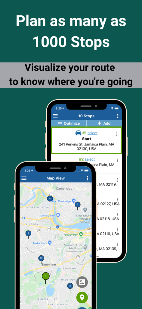 MyRoute app interface showing a list of delivery addresses and an optimized route on a map for efficient navigation