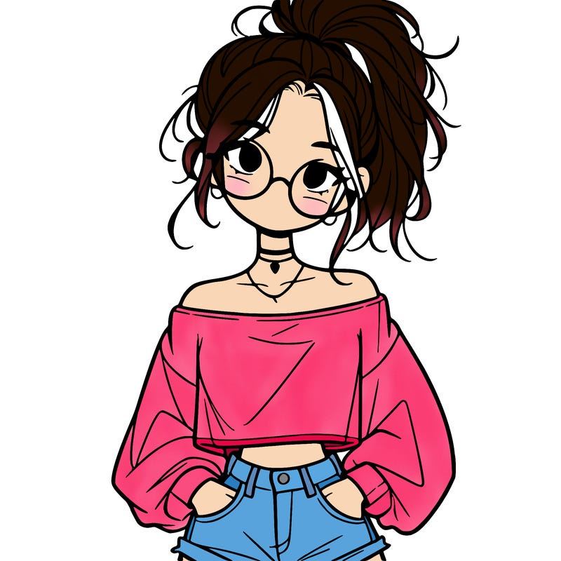 girl with a messy ponytail glasses a baggy crop top and jean shorts