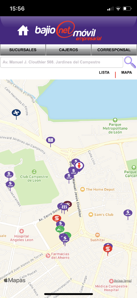 Mapa interactivo en la app Bajionet Movil Empresarial mostrando sucursales bancarias y cajeros automáticos