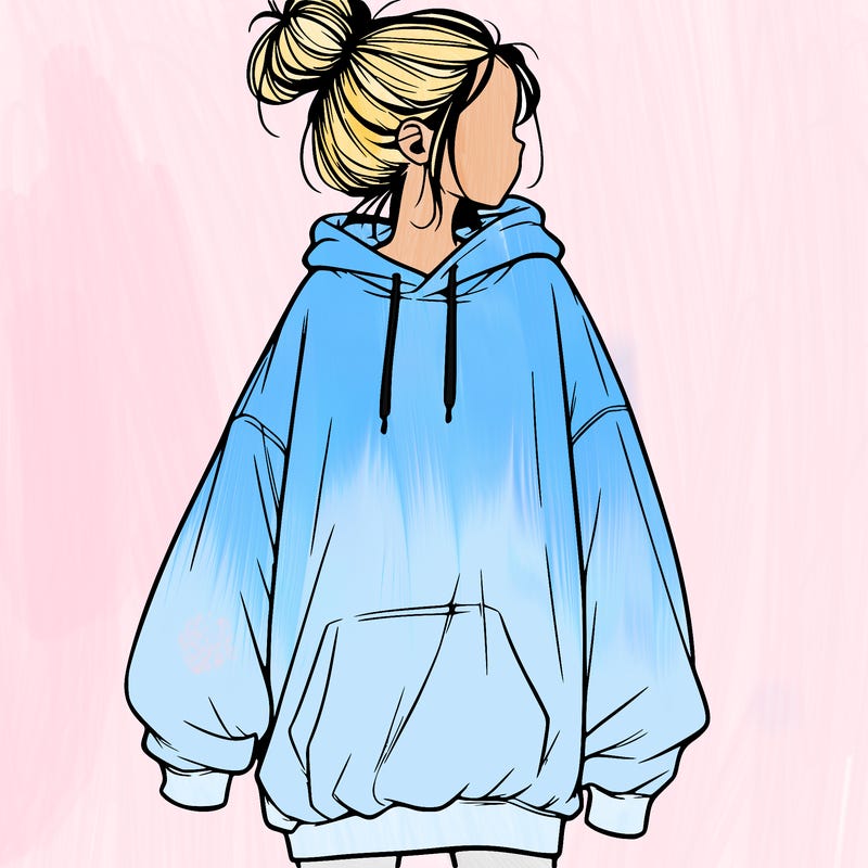 realistic girl with a oversized sweatshirt on and a bun