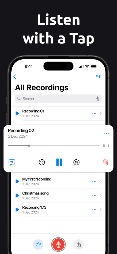 Voice Memos - Voice Recorderㅤ - La aplicación Voice Memos muestra la lista de grabaciones y los controles de reproducción de audio