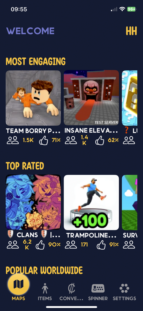 SkinBlox Master: Maps & Items - Screenshot of the SkinBlox Master app showing a discovery interface for popular and top rated Roblox maps