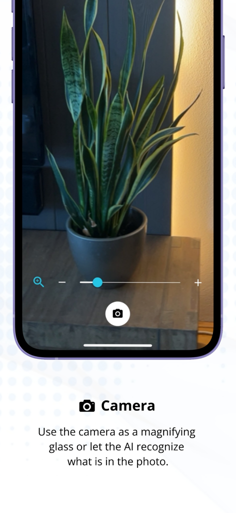 Text to Speech - Talkie - 植物の拡大鏡として使用されているTalkieアプリのカメラ機能を表示するスマートフォン